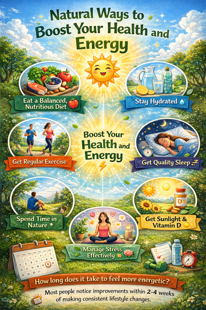Natural Ways to Boost Your Health and Energy Health and energy are essential components of a balanced and productive life. In an era marked by fast-paced routines, prolonged screen exposure, irregular eating habits, and chronic stress, many individuals experience persistent fatigue and declining well-being. While artificial stimulants and quick fixes may provide temporary relief, they often fail to address the underlying causes of low energy and poor health. Sustainable vitality is best achieved through natural, holistic practices that support the body’s physical, mental, and emotional systems. This article provides a professional definition and in-depth discussion of natural ways to boost health and energy, emphasizing lifestyle-based approaches grounded in scientific understanding and long-term wellness. Understanding Health and Energy Health is defined as a state of complete physical, mental, and social well-being, not merely the absence of disease. Energy refers to the body’s capacity to perform daily physical, cognitive, and emotional tasks efficiently and consistently. Optimal energy levels depend on the harmonious functioning of multiple systems, including metabolism, hormonal balance, nervous system activity, and immune response. Natural health strategies aim to enhance these systems by working with the body rather than overriding it, promoting resilience, balance, and sustained vitality 🌱. 1. Balanced and Nutritious Diet 🥗 Nutrition is the foundation of health and energy. The body converts nutrients into usable energy through metabolic processes, making dietary quality a primary determinant of daily performance. A balanced diet rich in whole foods—such as fruits, vegetables, whole grains, lean proteins, nuts, and seeds—provides essential vitamins, minerals, antioxidants, and fiber. Complex carbohydrates supply steady energy, while healthy fats support brain function and hormone production. Adequate protein intake helps maintain muscle mass and stabilizes blood sugar levels. Avoiding excessive refined sugars, processed foods, and artificial additives is essential, as these can cause energy spikes followed by crashes and contribute to inflammation. 2. Adequate Hydration 💧 Water is vital for nearly all bodily functions, including digestion, circulation, temperature regulation, and cellular energy production. Even mild dehydration can lead to fatigue, headaches, reduced concentration, and decreased physical performance. Drinking sufficient water throughout the day supports metabolic efficiency and helps transport nutrients to cells. Herbal teas and water-rich fruits and vegetables can further contribute to optimal hydration levels. 3. Regular Physical Activity 🏃♀️ Although physical activity requires energy, regular exercise significantly increases overall vitality. Movement improves cardiovascular health, enhances oxygen delivery to tissues, and stimulates the release of endorphins—natural chemicals that boost mood and reduce stress. Activities such as walking, jogging, cycling, swimming, yoga, and strength training improve endurance, muscle tone, and metabolic health. Consistency is more important than intensity, as moderate daily exercise yields long-term energy benefits. 4. Quality Sleep and Rest 😴 Sleep is a critical natural mechanism for restoring health and energy. During sleep, the body repairs tissues, balances hormones, consolidates memory, and strengthens immune defenses. Adults generally require 7–9 hours of quality sleep per night. Poor sleep disrupts hormone regulation, increases stress levels, and reduces mental clarity. Establishing a consistent sleep schedule, reducing screen time before bed, and creating a calm sleep environment are essential for restorative rest. 5. Stress Management and Mental Balance 🧠 Chronic stress is one of the leading causes of fatigue and poor health. Prolonged stress elevates cortisol levels, which can interfere with sleep, digestion, immune function, and energy metabolism. Natural stress management techniques include mindfulness, meditation, deep breathing, journaling, and spending time in nature. Emotional well-being directly influences physical energy, making mental balance a key component of holistic health. 6. Exposure to Natural Light ☀️ Sunlight plays a crucial role in regulating circadian rhythms and supporting vitamin D synthesis. Adequate vitamin D levels contribute to immune health, bone strength, and mood regulation. Regular exposure to natural daylight improves sleep quality, enhances alertness, and supports overall energy balance. 7. Healthy Daily Habits 🌿 Small, consistent lifestyle habits have a profound impact on long-term health and energy. These include: Limiting alcohol and nicotine Maintaining social connections Practicing gratitude and positive thinking Taking breaks during work to prevent burnout Healthy routines reinforce the body’s natural ability to sustain energy throughout the day. Long-Term Benefits of Natural Energy Enhancement Adopting natural methods to boost health and energy leads to lasting benefits, including: Improved immune function Reduced risk of chronic diseases Enhanced mental focus and clarity Stable mood and emotional resilience Greater physical stamina and productivity These benefits accumulate over time, contributing to improved quality of life and longevity 🌟. Conclusion Natural ways to boost health and energy focus on supporting the body’s innate systems rather than relying on artificial stimulation. Through balanced nutrition, hydration, physical activity, quality sleep, stress management, and healthy lifestyle habits, individuals can achieve sustained vitality and overall well-being. True energy is not a temporary surge but a steady state of balance, resilience, and optimal functioning. Prioritizing natural health practices is an investment in long-term physical, mental, and emotional wellness. Frequently Asked Questions (FAQs) 1. How long does it take to see results from natural health practices? ⚡ Most individuals experience noticeable improvements within 2–4 weeks of consistent lifestyle changes. 2. Can natural methods replace energy supplements? 🌿 Yes. Natural approaches often provide safer, more sustainable energy without the side effects associated with supplements. 3. Is exercise effective even when feeling tired? 🏃♂️ Yes. Light to moderate exercise often reduces fatigue by improving circulation and oxygen delivery. 4. Does hydration really affect energy levels? 💧 Absolutely. Dehydration is a common and often overlooked cause of fatigue. 5. How does sleep impact daily energy? 😴 Sleep restores physical and mental systems, directly influencing alertness, focus, and stamina. 6. Can stress alone cause low energy? 🧠 Yes. Chronic stress disrupts hormones and drains physical and mental energy. 7. Are natural methods suitable for all age groups? 👨👩👧👦 Yes. Natural health practices can be adapted to suit children, adults, and older individuals. 8. Does diet affect mental energy as well as physical energy? 🥗 Yes. Nutrient-rich diets support brain function, memory, and concentration. 9. How important is sunlight for energy levels? ☀️ Sunlight helps regulate sleep cycles and supports vitamin D production, both essential for energy. 10. Can small lifestyle changes make a big difference? 🌱 Yes. Consistent small changes often lead to significant long-term improvements in health and vitality.